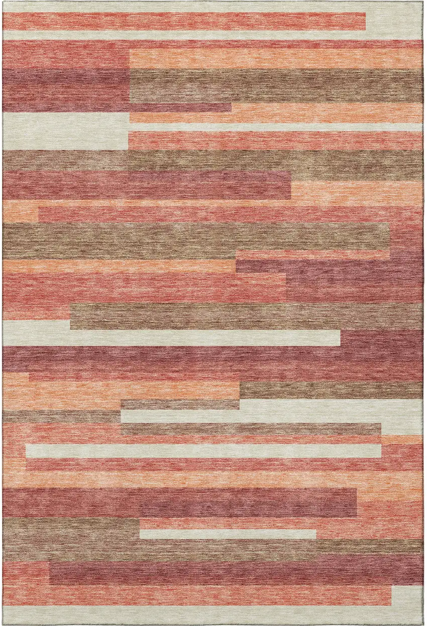 Coral Taupe And Orange Striped Washable Area Rug With UV Protection Photo 4