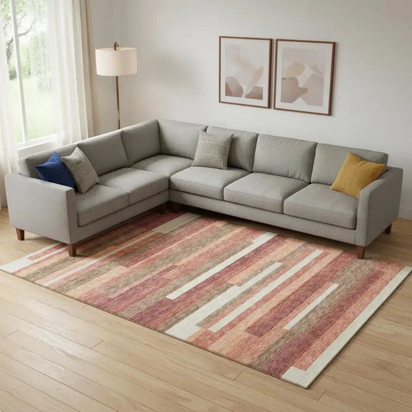 Coral Taupe And Orange Striped Washable Area Rug With UV Protection Photo 1