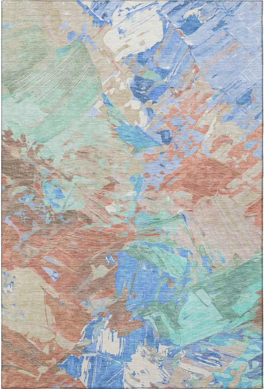 Coral Teal And Copper Abstract Washable Area Rug With UV Protection Photo 4