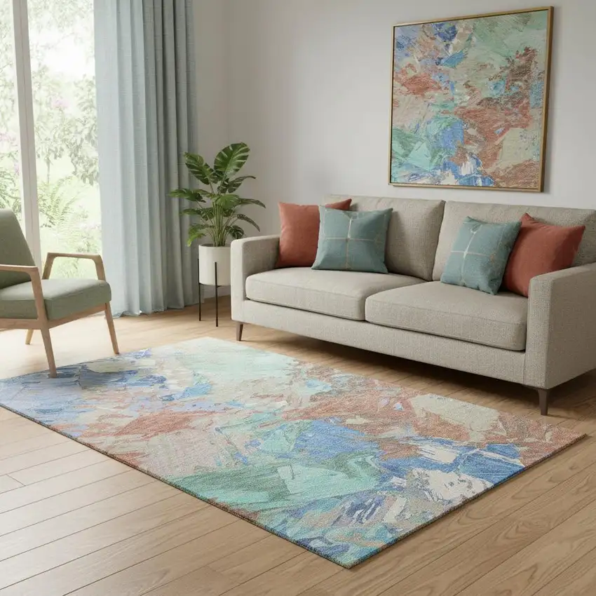 Coral Teal And Copper Abstract Washable Area Rug With UV Protection Photo 2