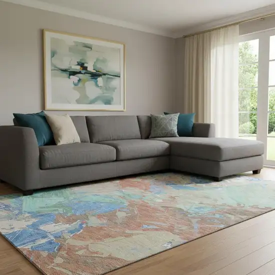 Coral Teal And Copper Abstract Washable Area Rug With UV Protection Photo 2