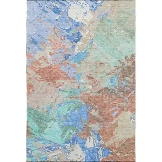 Coral Teal And Copper Abstract Washable Area Rug With UV Protection Photo 1