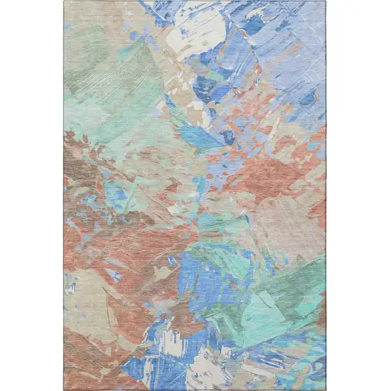 Coral Teal And Copper Abstract Washable Area Rug With UV Protection Photo 3