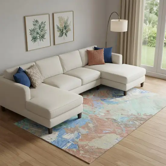 Coral Teal And Copper Abstract Washable Area Rug With UV Protection Photo 2