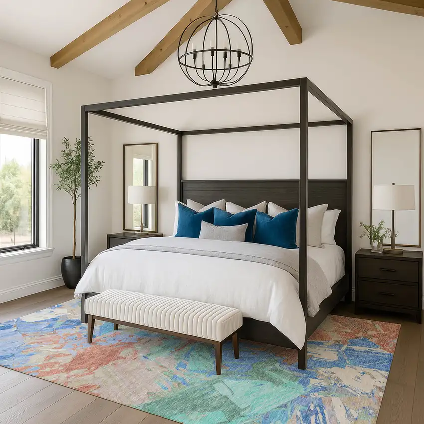 Coral Teal And Copper Abstract Washable Area Rug With UV Protection Photo 4