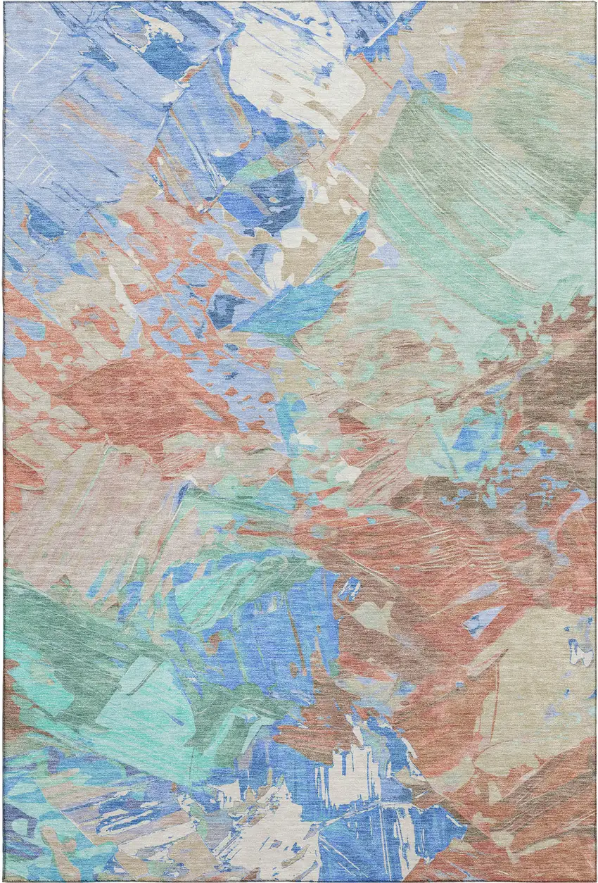 Coral Teal And Copper Abstract Washable Area Rug With UV Protection Photo 1
