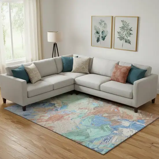 Coral Teal And Copper Abstract Washable Area Rug With UV Protection Photo 2