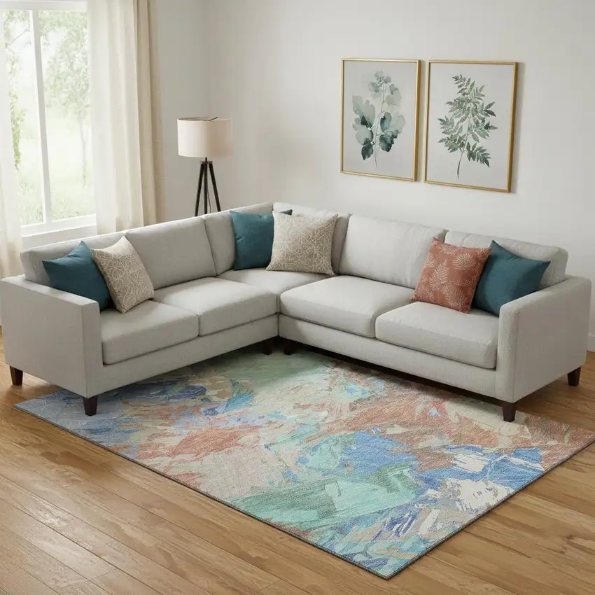 Coral Teal And Copper Abstract Washable Area Rug With UV Protection Photo 2