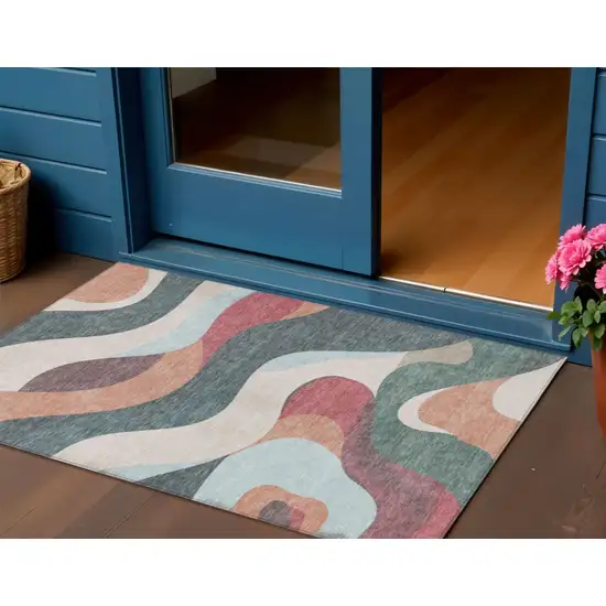 Coral Teal Blue And Ivory Abstract Washable Indoor Outdoor Area Rug Photo 2
