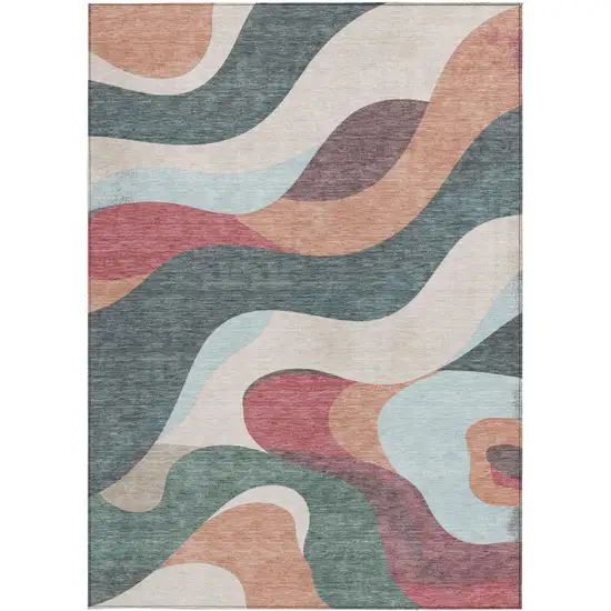 Coral Teal Blue And Ivory Abstract Washable Indoor Outdoor Area Rug Photo 4
