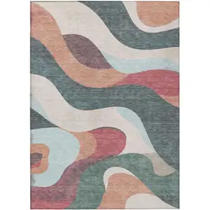 Photo of Coral Teal Blue And Ivory Abstract Washable Indoor Outdoor Area Rug