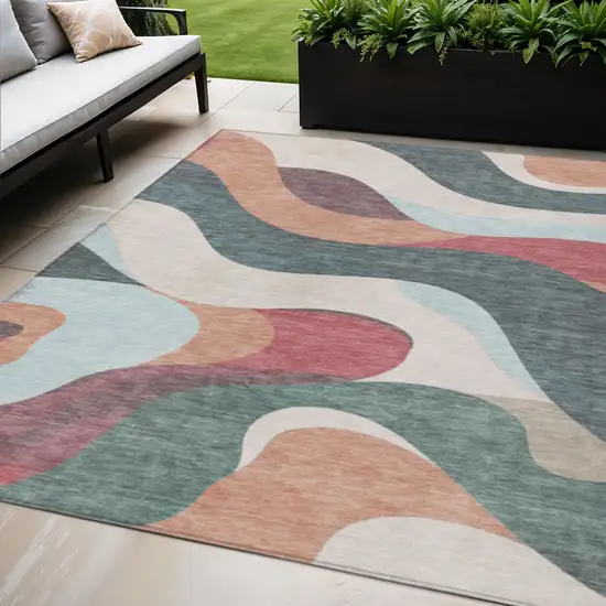 Coral Teal Blue And Ivory Abstract Washable Indoor Outdoor Area Rug Photo 2