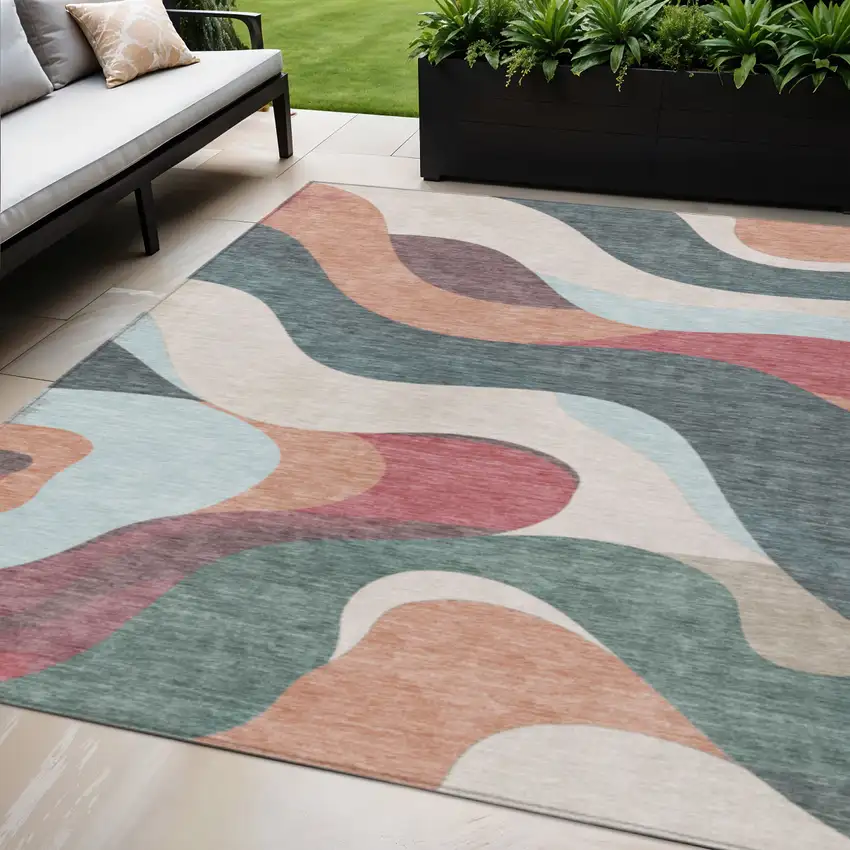 Coral Teal Blue And Ivory Abstract Washable Indoor Outdoor Area Rug Photo 2
