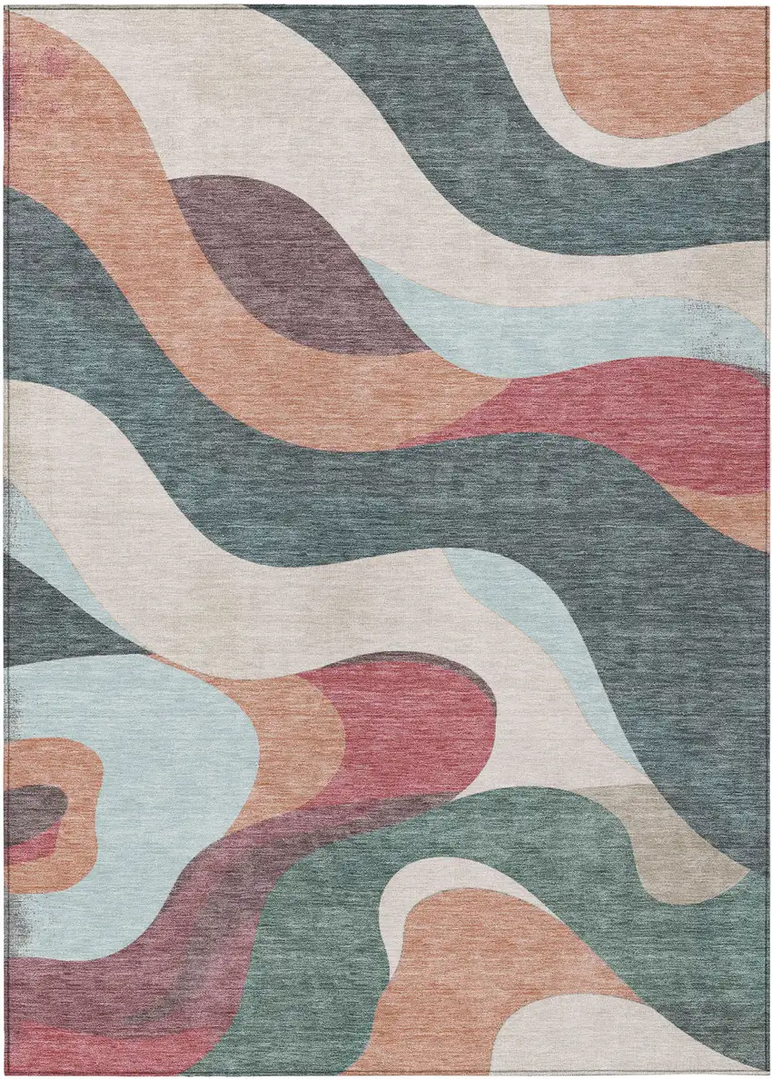 Coral Teal Blue And Ivory Abstract Washable Indoor Outdoor Area Rug Photo 1