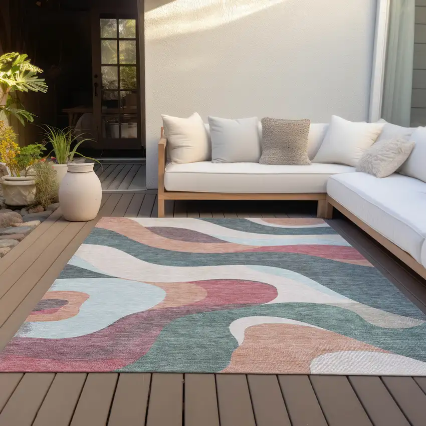 Coral Teal Blue And Ivory Abstract Washable Indoor Outdoor Area Rug Photo 8