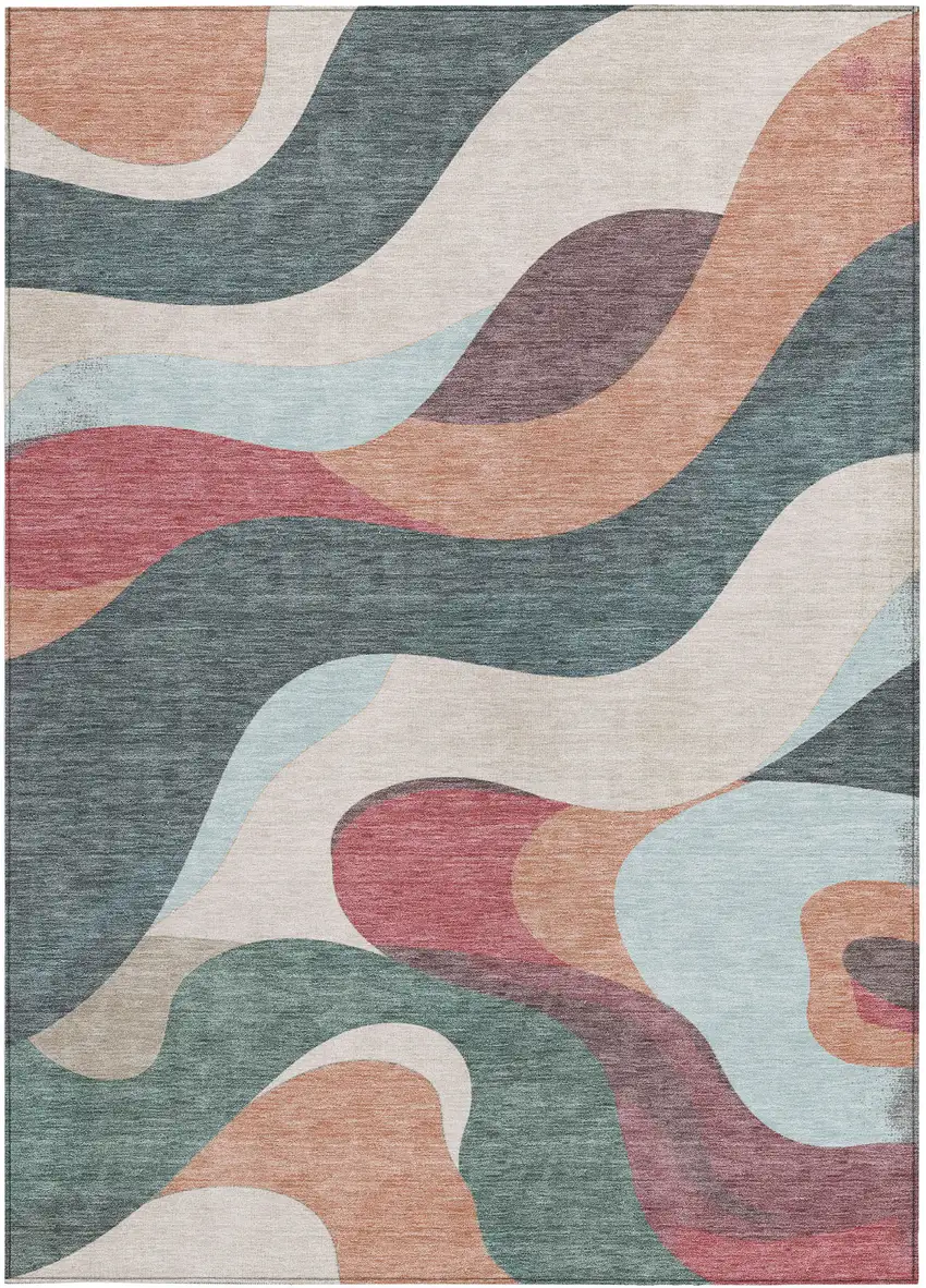 Coral Teal Blue And Ivory Abstract Washable Indoor Outdoor Area Rug Photo 4