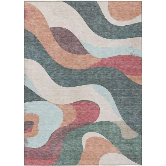 Coral Teal Blue And Ivory Abstract Washable Indoor Outdoor Area Rug Photo 1