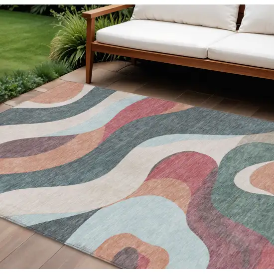 Coral Teal Blue And Ivory Abstract Washable Indoor Outdoor Area Rug Photo 2