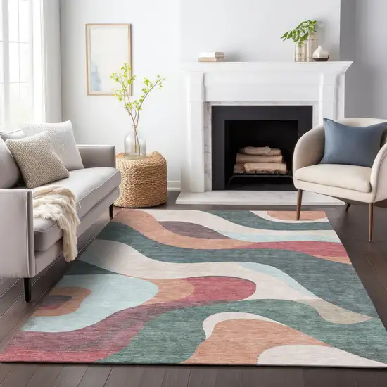 Coral Teal Blue And Ivory Abstract Washable Indoor Outdoor Area Rug Photo 8