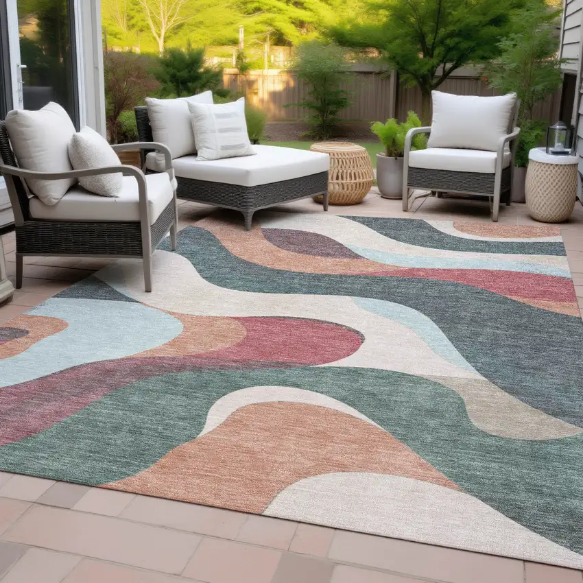 Coral Teal Blue And Ivory Abstract Washable Indoor Outdoor Area Rug Photo 9