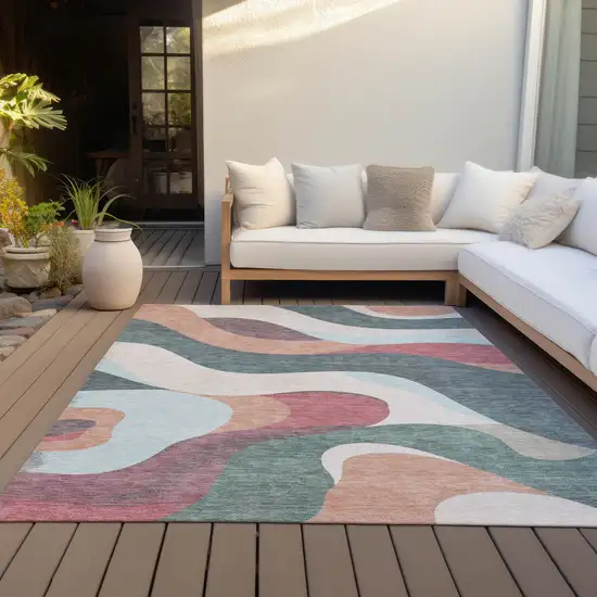 Coral Teal Blue And Ivory Abstract Washable Indoor Outdoor Area Rug Photo 6