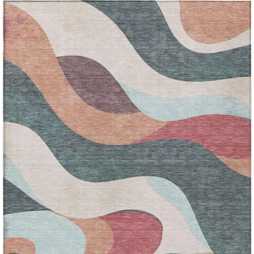 Coral Teal Blue And Ivory Abstract Washable Indoor Outdoor Area Rug Photo 5
