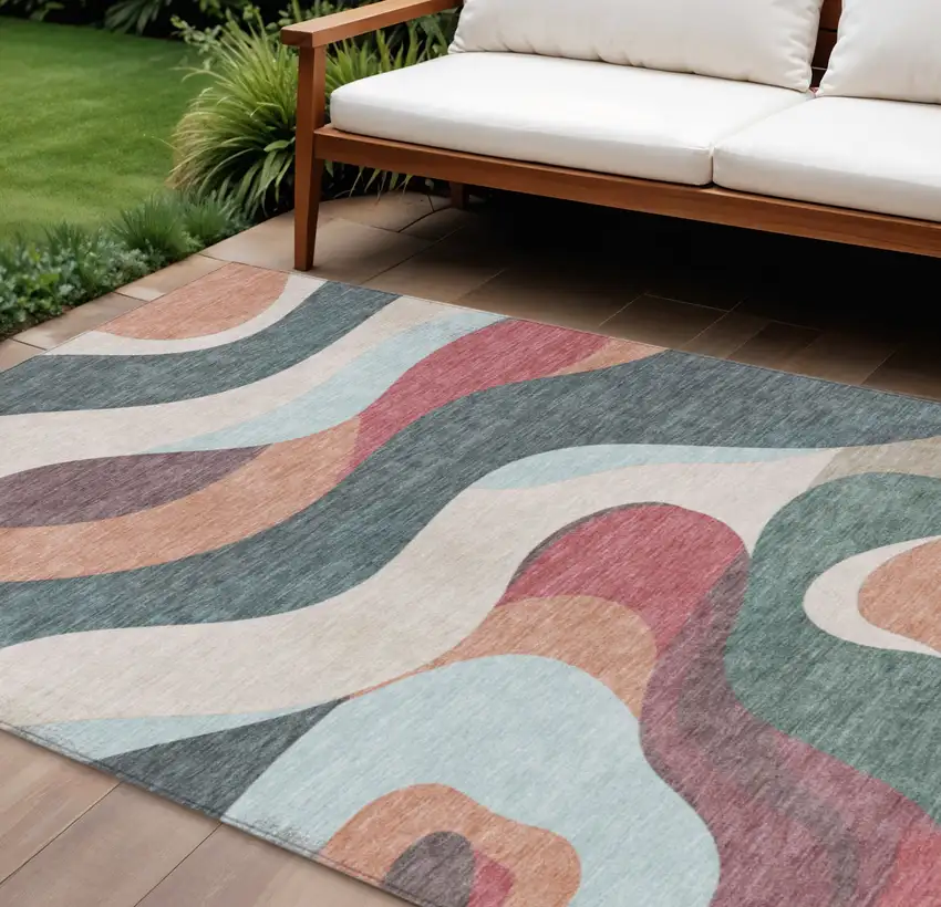 Coral Teal Blue And Ivory Abstract Washable Indoor Outdoor Area Rug Photo 2
