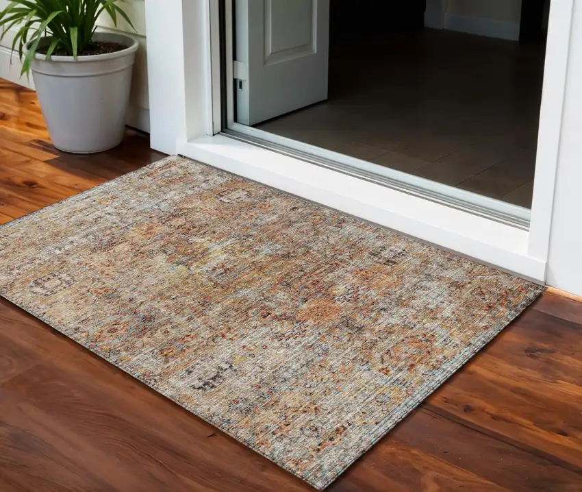 Coral Terra Cotta And Beige Floral Washable Indoor Outdoor Area Rug Photo 1