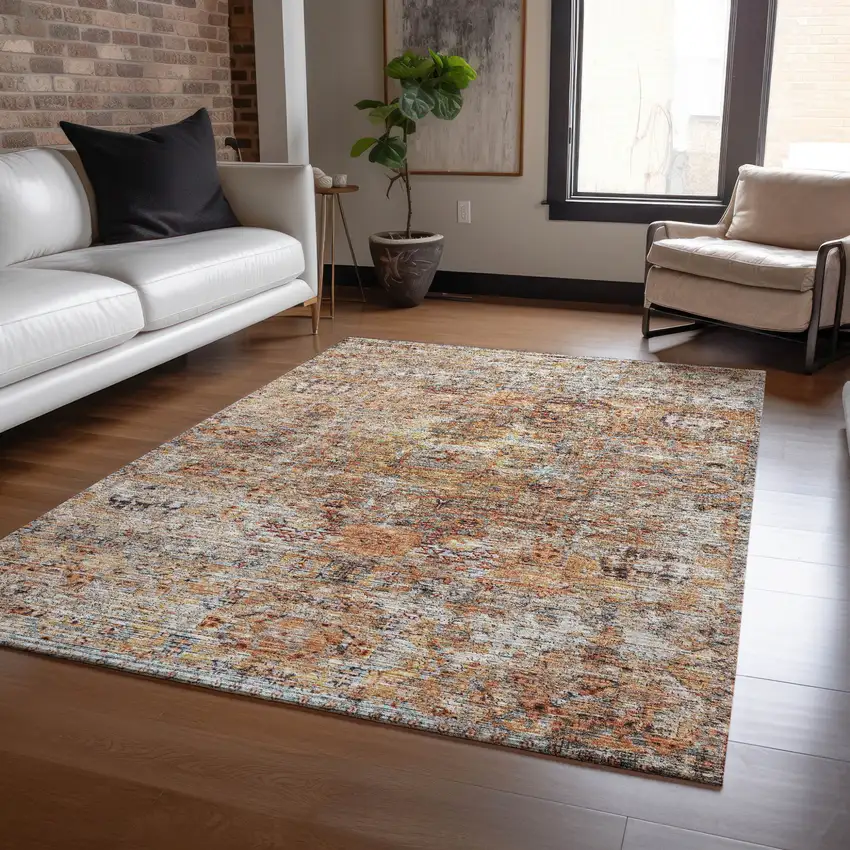 Coral Terra Cotta And Beige Floral Washable Indoor Outdoor Area Rug Photo 9