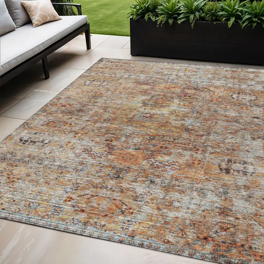 Coral Terra Cotta And Beige Floral Washable Indoor Outdoor Area Rug Photo 1