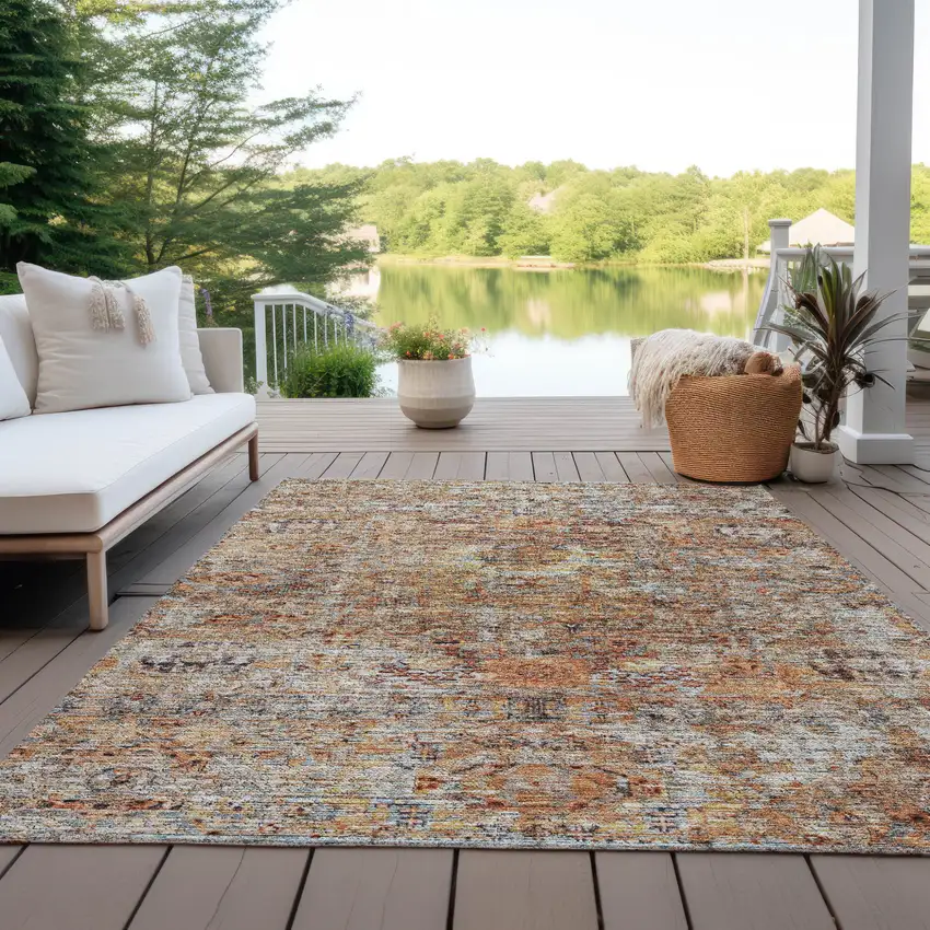 Coral Terra Cotta And Beige Floral Washable Indoor Outdoor Area Rug Photo 8