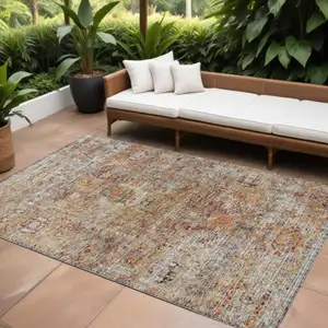 Photo of Coral Terra Cotta And Beige Floral Washable Indoor Outdoor Area Rug