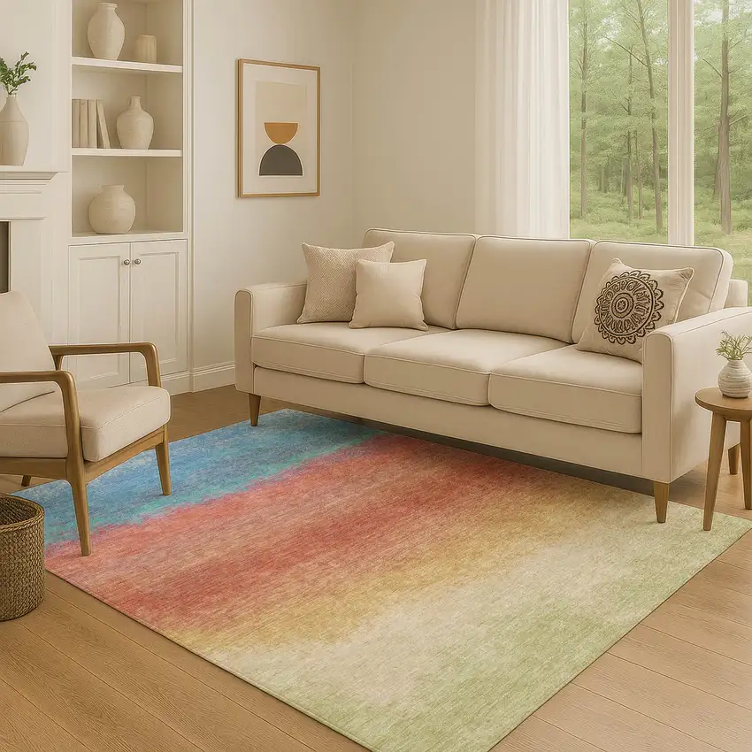 Coral Wheat And Blue Ombre Washable Area Rug With UV Protection Photo 5