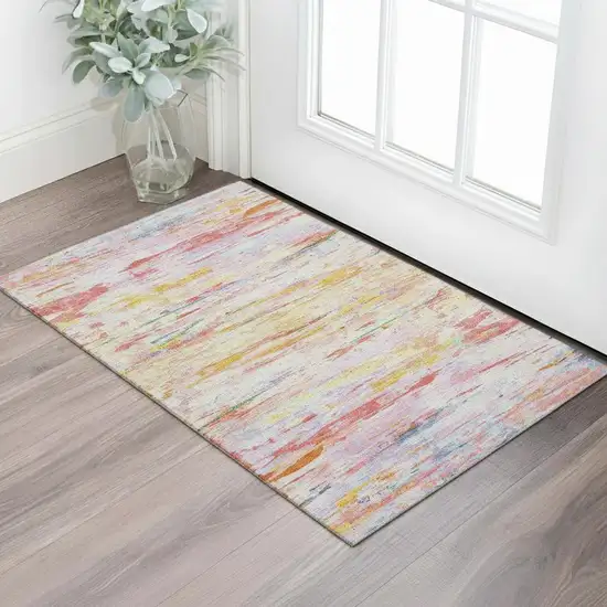 Coral Yellow And Ivory Abstract Washable Area Rug With UV Protection Photo 2