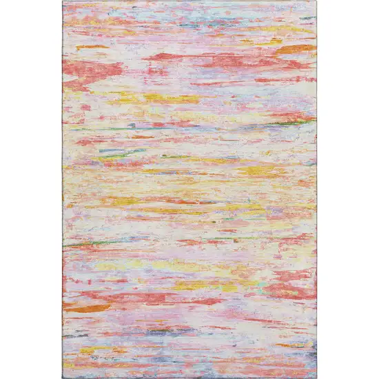 Coral Yellow And Ivory Abstract Washable Area Rug With UV Protection Photo 1
