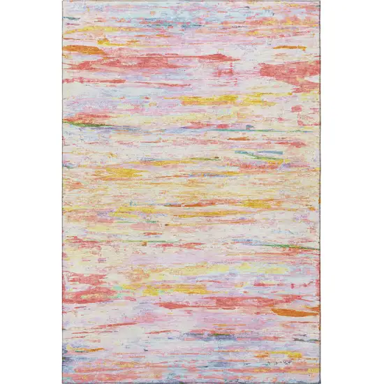 Coral Yellow And Ivory Abstract Washable Area Rug With UV Protection Photo 4