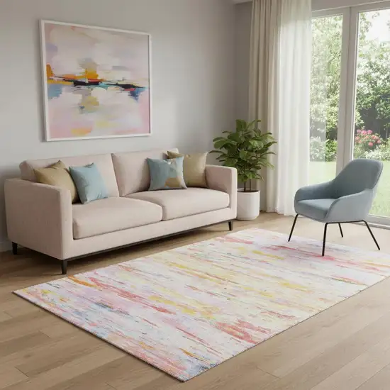 Coral Yellow And Ivory Abstract Washable Area Rug With UV Protection Photo 2