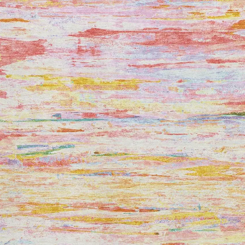 Coral Yellow And Ivory Abstract Washable Area Rug With UV Protection Photo 3