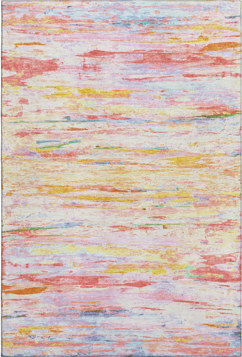 Coral Yellow And Ivory Abstract Washable Area Rug With UV Protection Photo 1