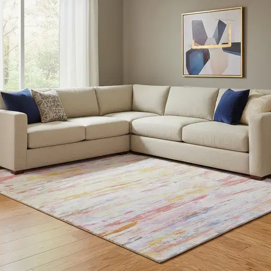 Coral Yellow And Ivory Abstract Washable Area Rug With UV Protection Photo 2