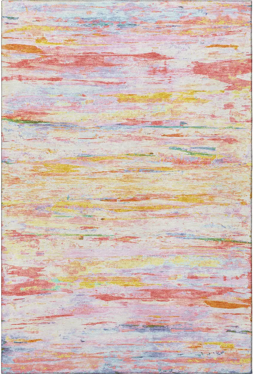 Coral Yellow And Ivory Abstract Washable Area Rug With UV Protection Photo 4