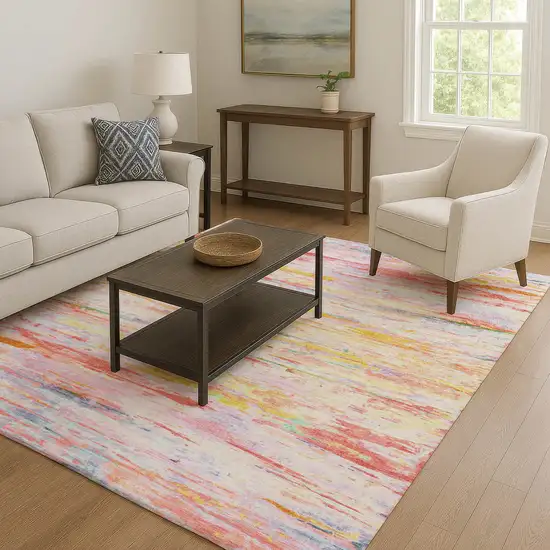Coral Yellow And Ivory Abstract Washable Area Rug With UV Protection Photo 6