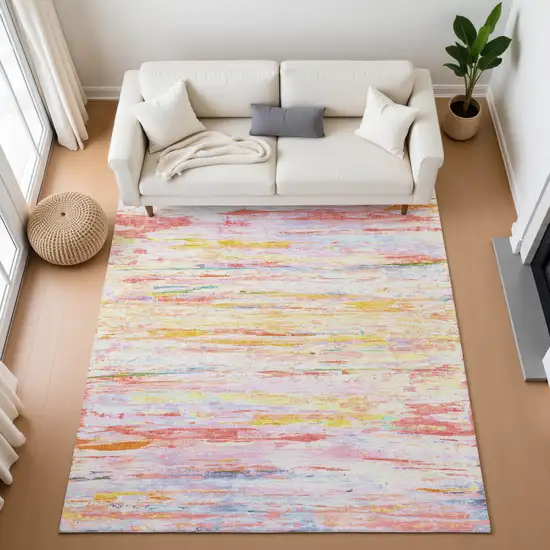 Coral Yellow And Ivory Abstract Washable Area Rug With UV Protection Photo 5