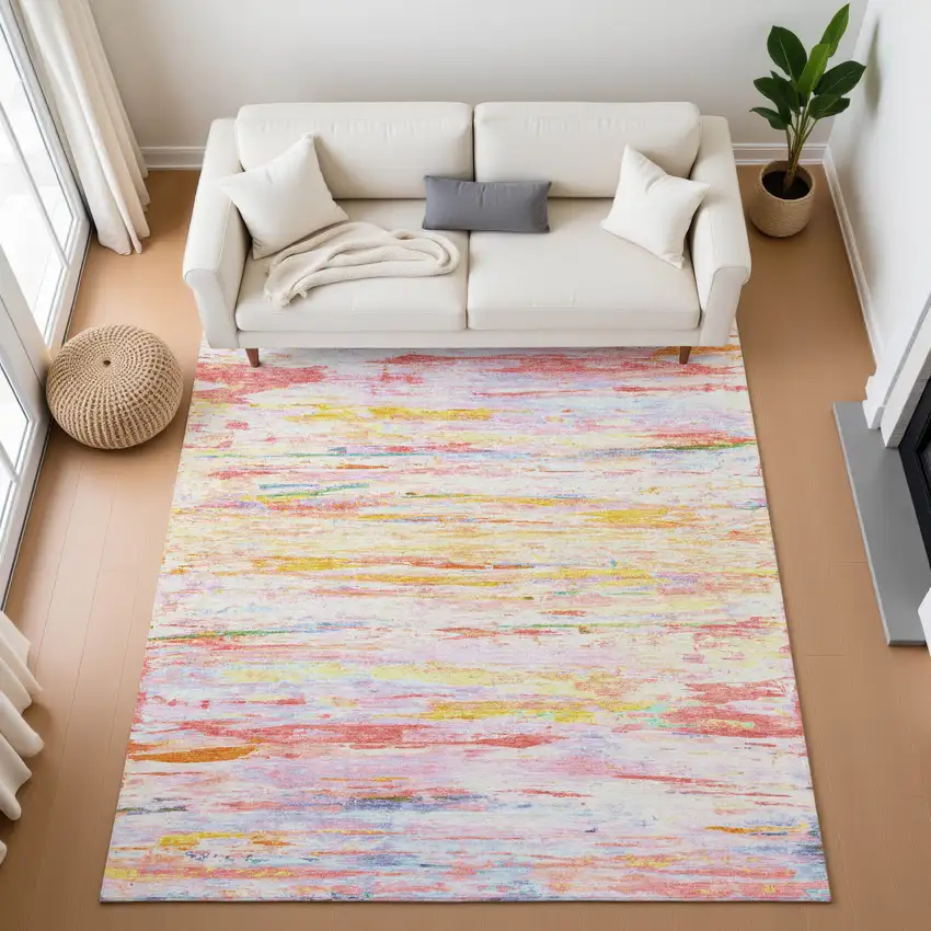 Coral Yellow And Ivory Abstract Washable Area Rug With UV Protection Photo 5