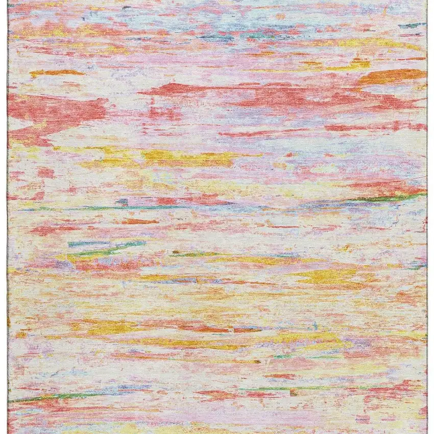Coral Yellow And Ivory Abstract Washable Area Rug With UV Protection Photo 4