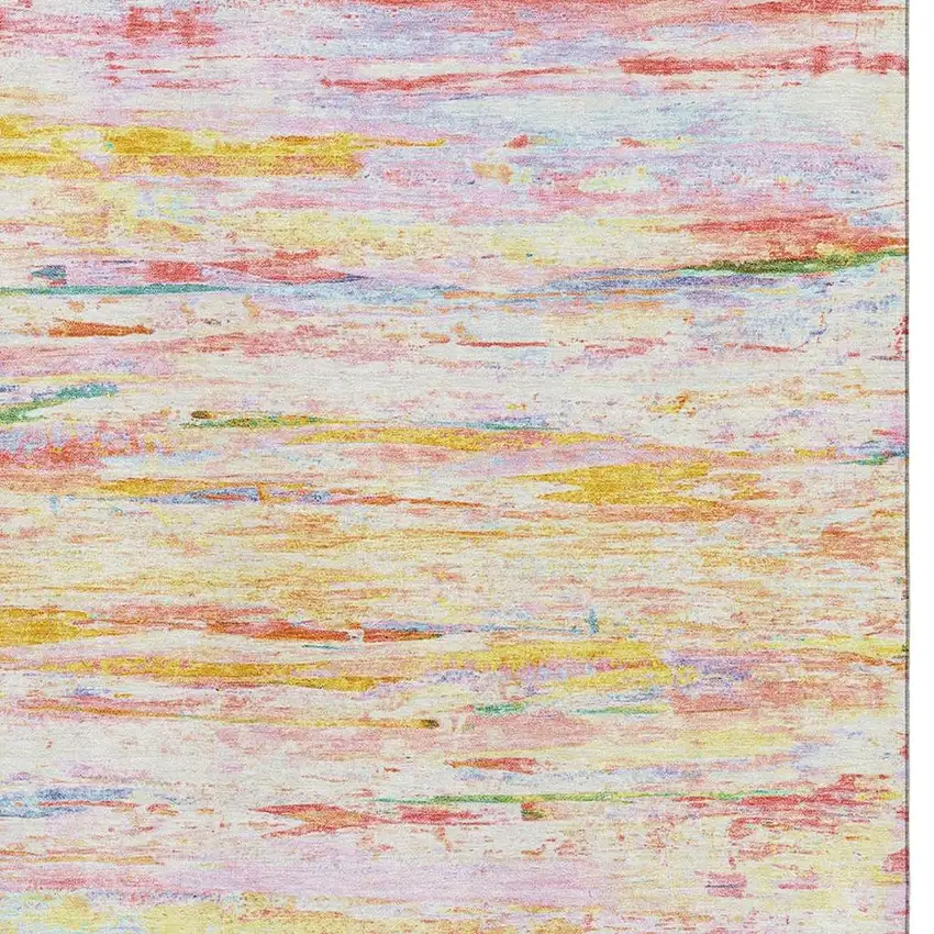 Coral Yellow And Ivory Abstract Washable Area Rug With UV Protection Photo 3
