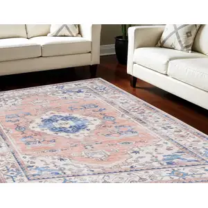Photo of Coral and Beige Floral Medallion Distressed Non Skid Area Rug