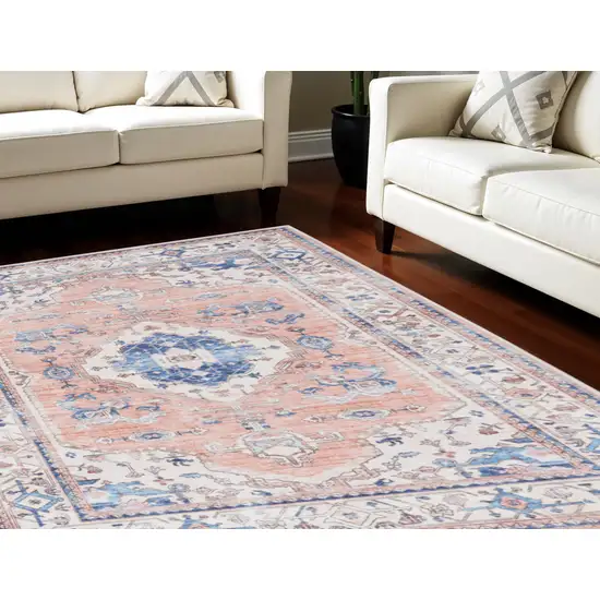 Coral and Beige Floral Medallion Distressed Non Skid Area Rug Photo 1