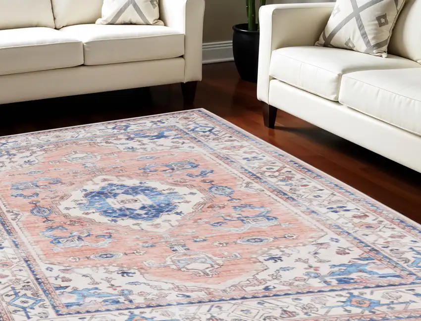Coral and Beige Floral Medallion Distressed Non Skid Area Rug Photo 1