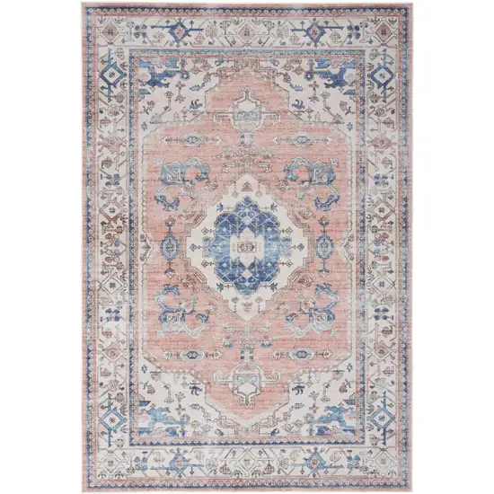 Coral and Beige Floral Medallion Distressed Non Skid Area Rug Photo 8